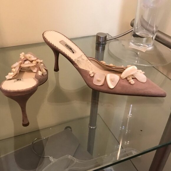 PRADA Vintage Suede Kitten Heel Mules Slides Shoes Pearl Shell Rose Blush Heels - Picture 2 of 8